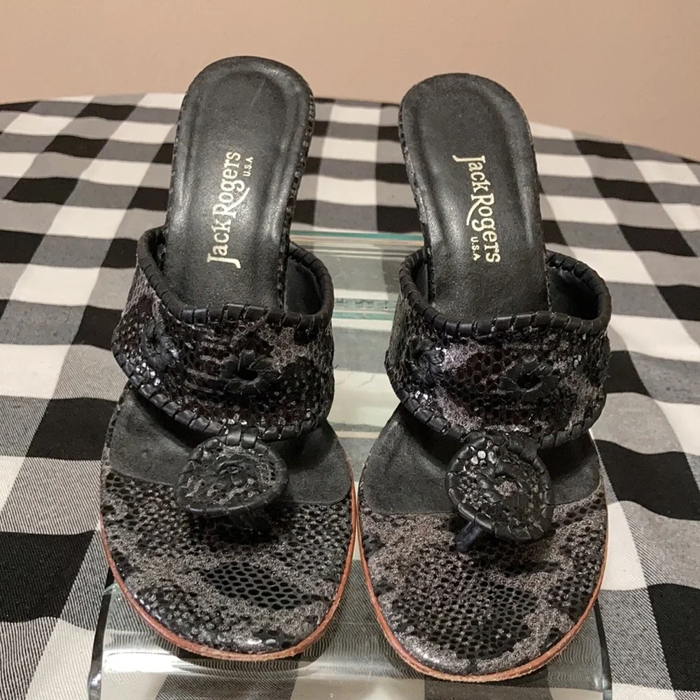 Jack Rodgers USA Leather Wedge Thong Sandal Shoes Sequin Reptile Gray Black 7.5